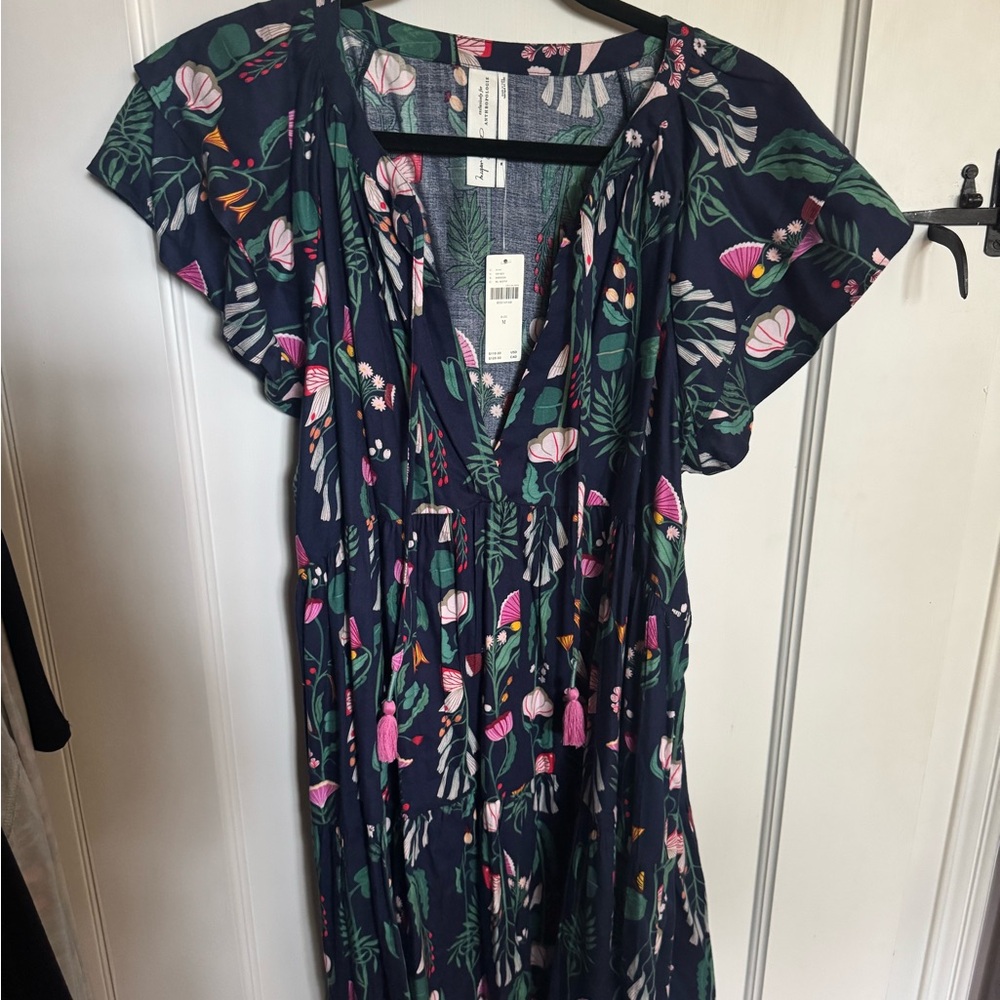 Anthropologie Blue Maxi Sundress with Ruffled V-Neck and Flutter Sleeves